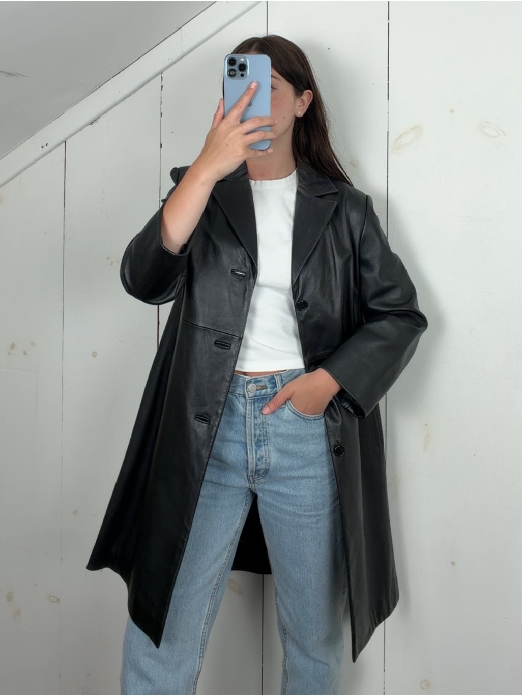 Winlit Black Leather Button Front Mid Length Trench Coat Jacket Women’s Small
